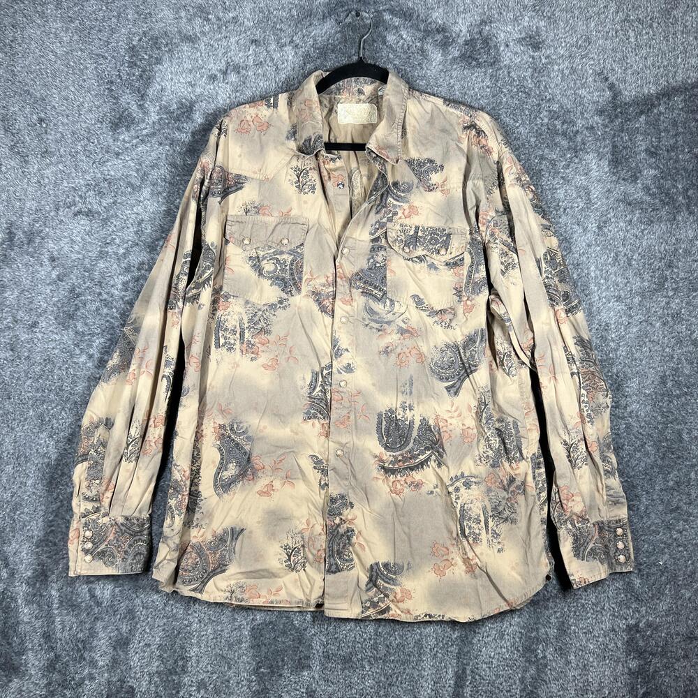 Scully Shirt Mens XL Beige Paisley Long Sleeve Button Snap Cotton Casual Pockets